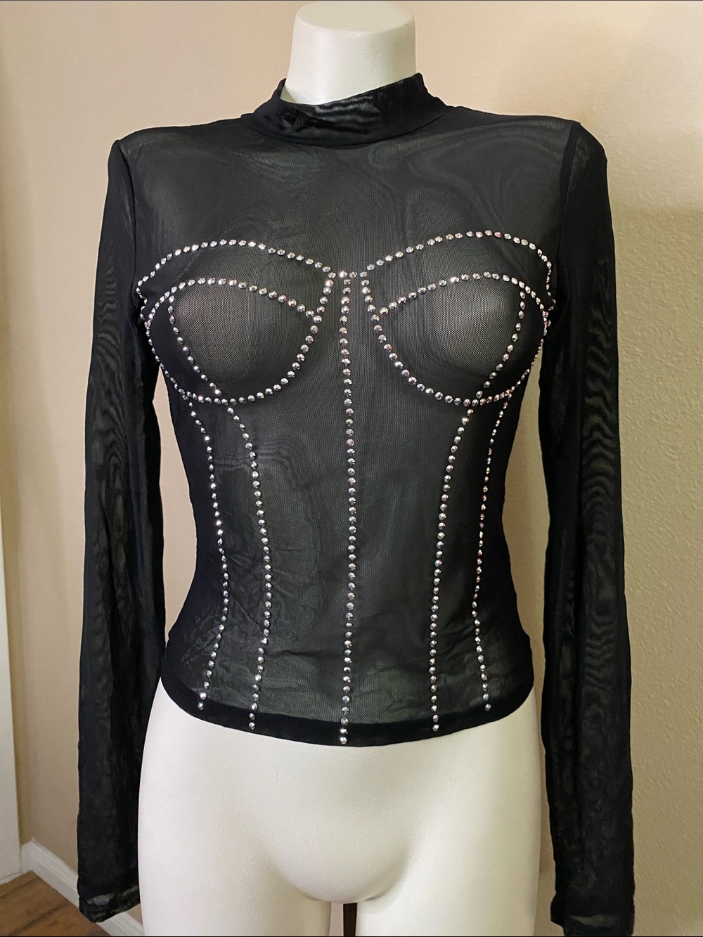 Moulin rouge cabaret rhinestone Black stretch Mesh Top M